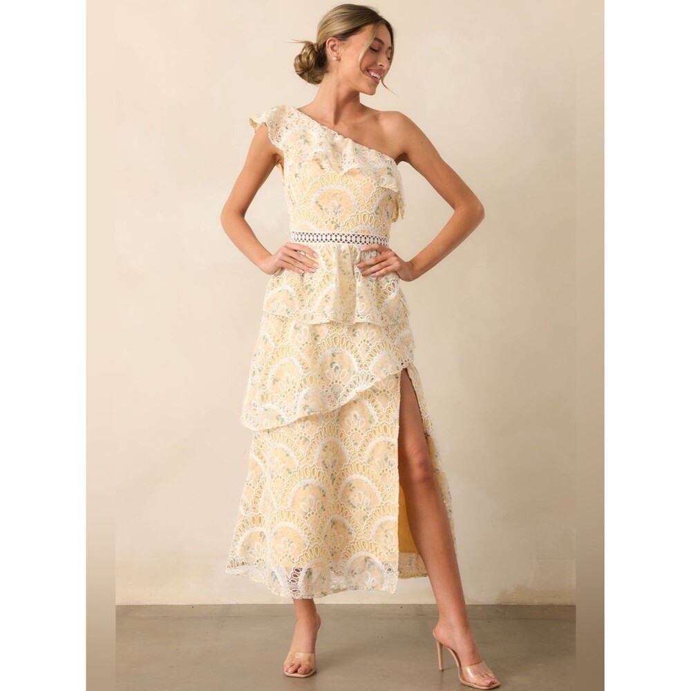 Just Me One Shoulder Lace Midi Dress Floral Yellow White S